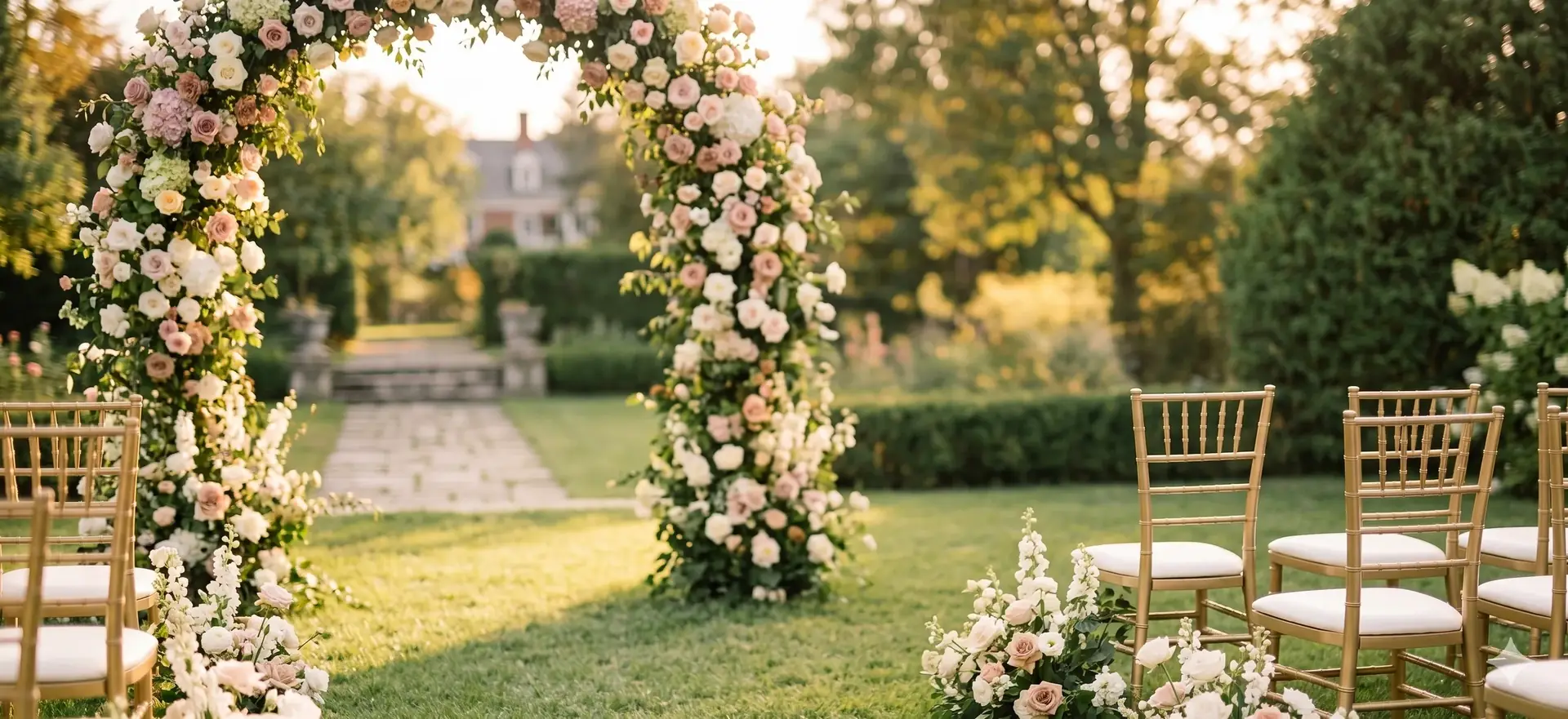 Cérémonie de mariage fleurie dans un jardin au coucher du soleil